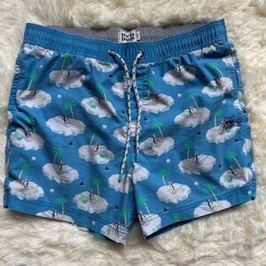 Party Pants Swim Trunks Mens Large Blue Penguin Island Print Shorts
